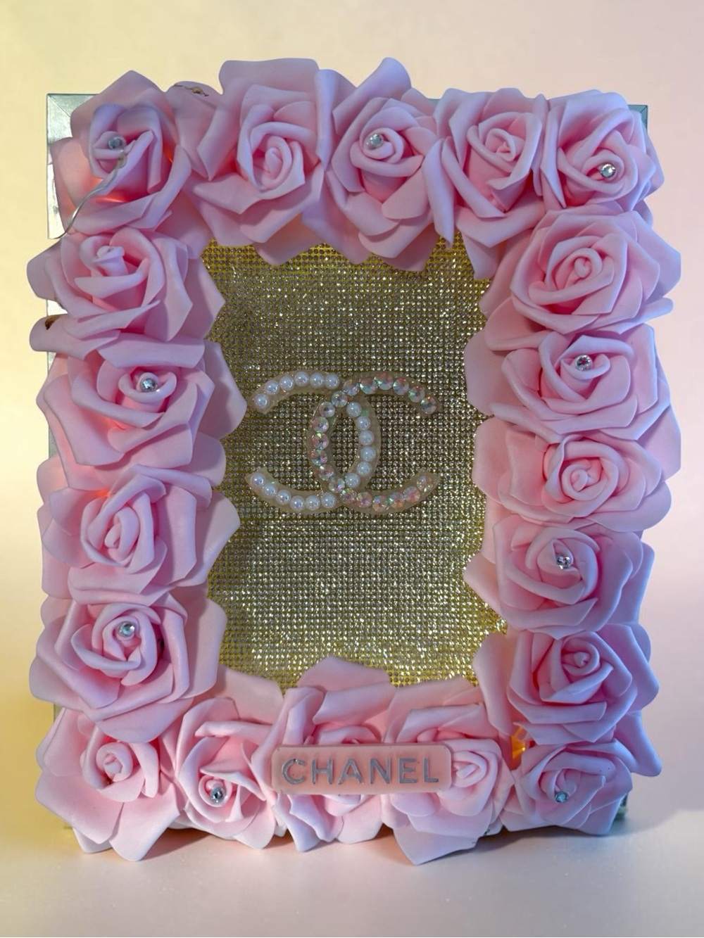 Handmade Pink Rose Rhinestone Bling Lighted Wall Art Glam Decor 9x11
